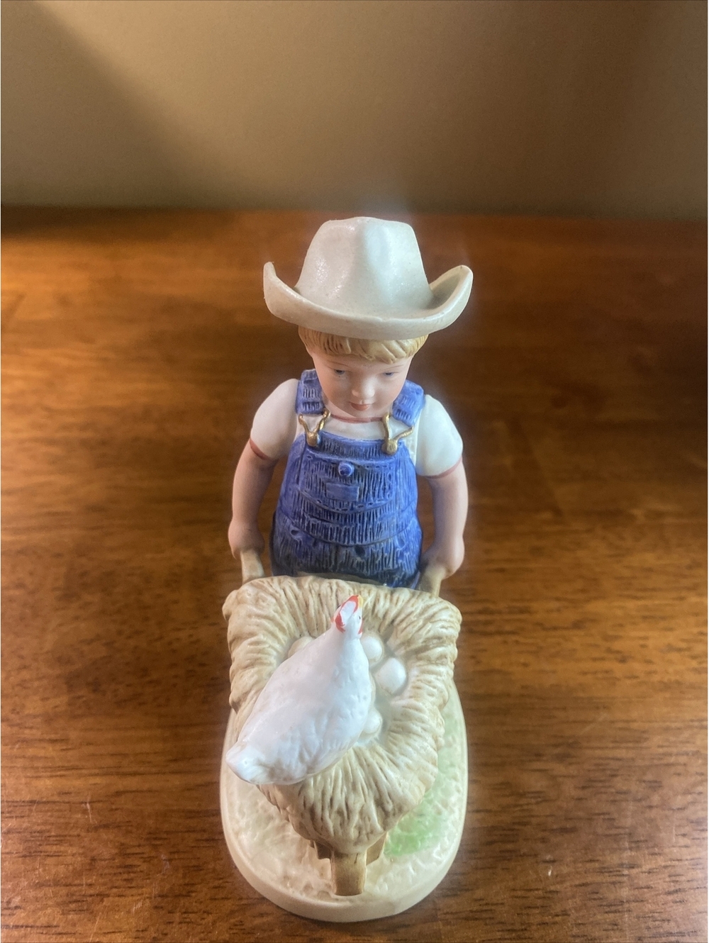 1985 Home Interior Denim Days #1501. "Morning Chores"~~Danny with Chicken & Eggs